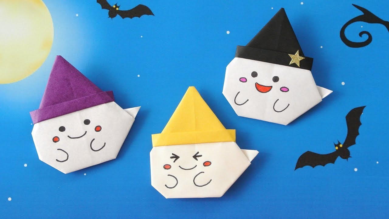 【ハロウィン折り紙】1枚で簡単な帽子付きおばけの作り方[Hallloween Origami]Easy Ghost with witch hat