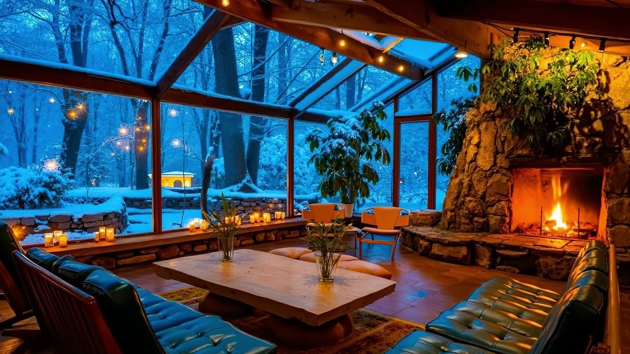 Luxury Winter Chalet Ambience | Fireplace Sounds & Snowy View from a Cozy Room