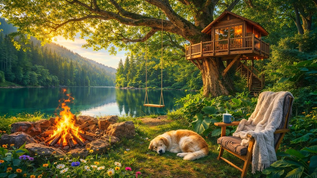 Cozy Summer Campfire by the River with Sleeping Dog 🌿🔥🐕 | Birdsong & Water Sounds for Relaxation