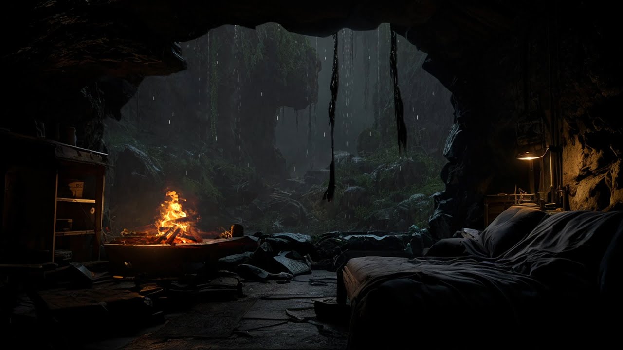 No Ads 🌧️ Cozy Rainy Cave with Fireplace Sounds – Peaceful Ambience for Deep Sleep & Stress Relief🔥