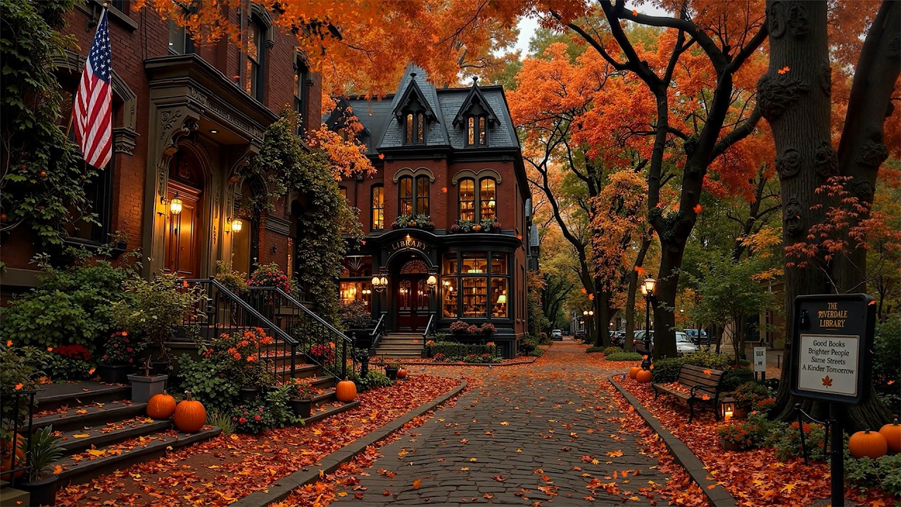 Walking Past an Old Library in Autumn Boston 🍂 Warm Jazz, Falling Leaves & Quiet Moments to Unwind ☕