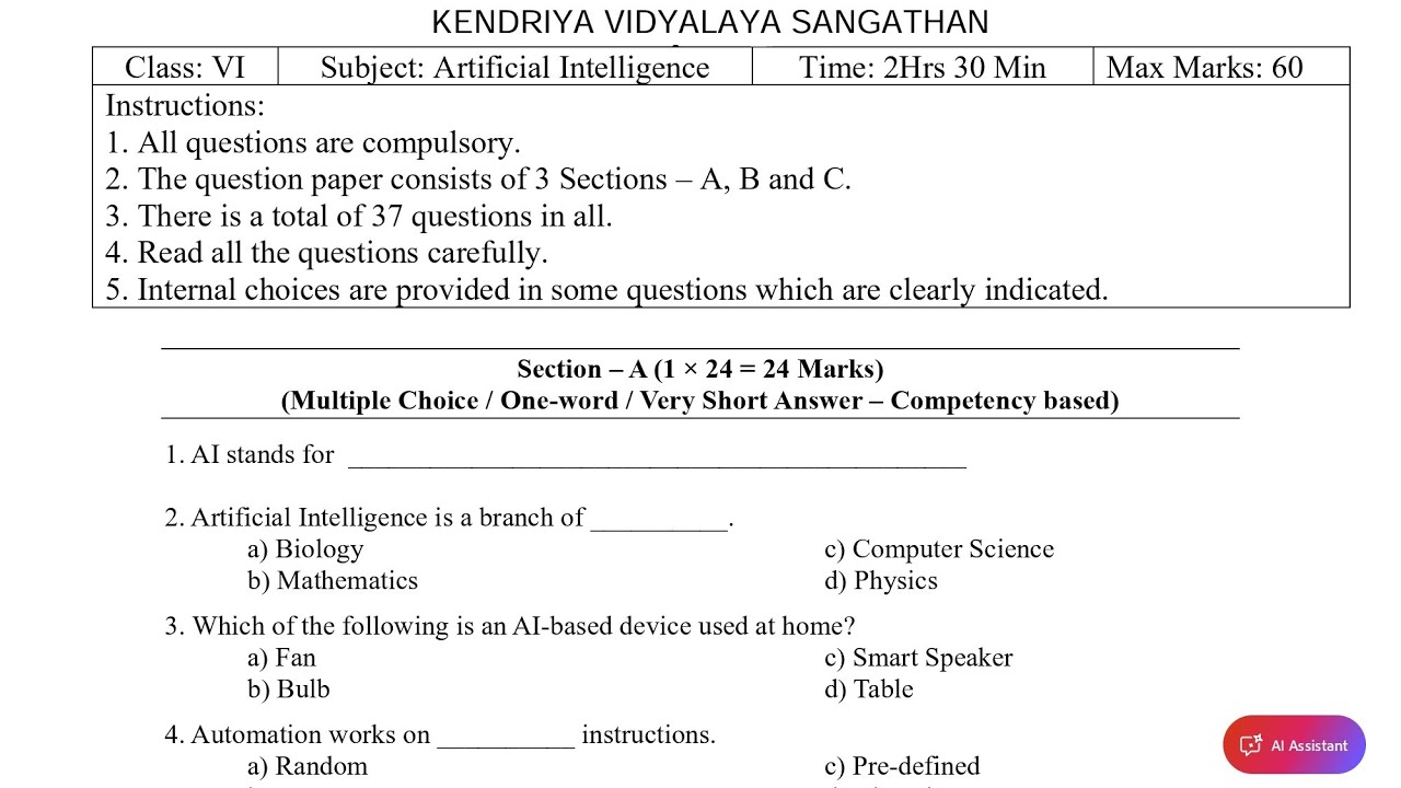 Class-6 AI (Artificial Intelligence) Annual Exam 2026 Question Paper Session Ending PM SHRI KV Term2