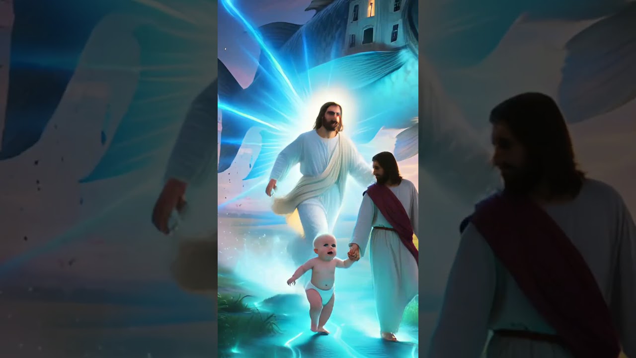 Baby running chased by giant monstrous mansion fish #Jesus #DivineLight #FantasyVideo #AIArt