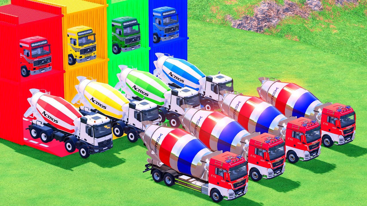 Garage with Colors   ALL MIXER TRUCK WITH DOUBLE FLATBED TRAILER TRUCK, FREIGHTLINER  SCANIA, DAF