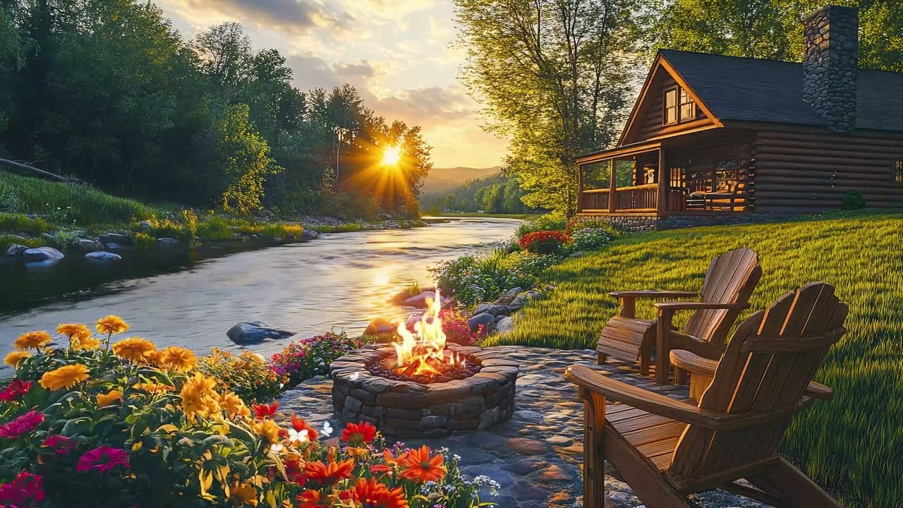 Relaxing Morning Lakeside Ambience 🌺 Gentle Spring Piano & Campfire for Focus, Study & Relaxation
