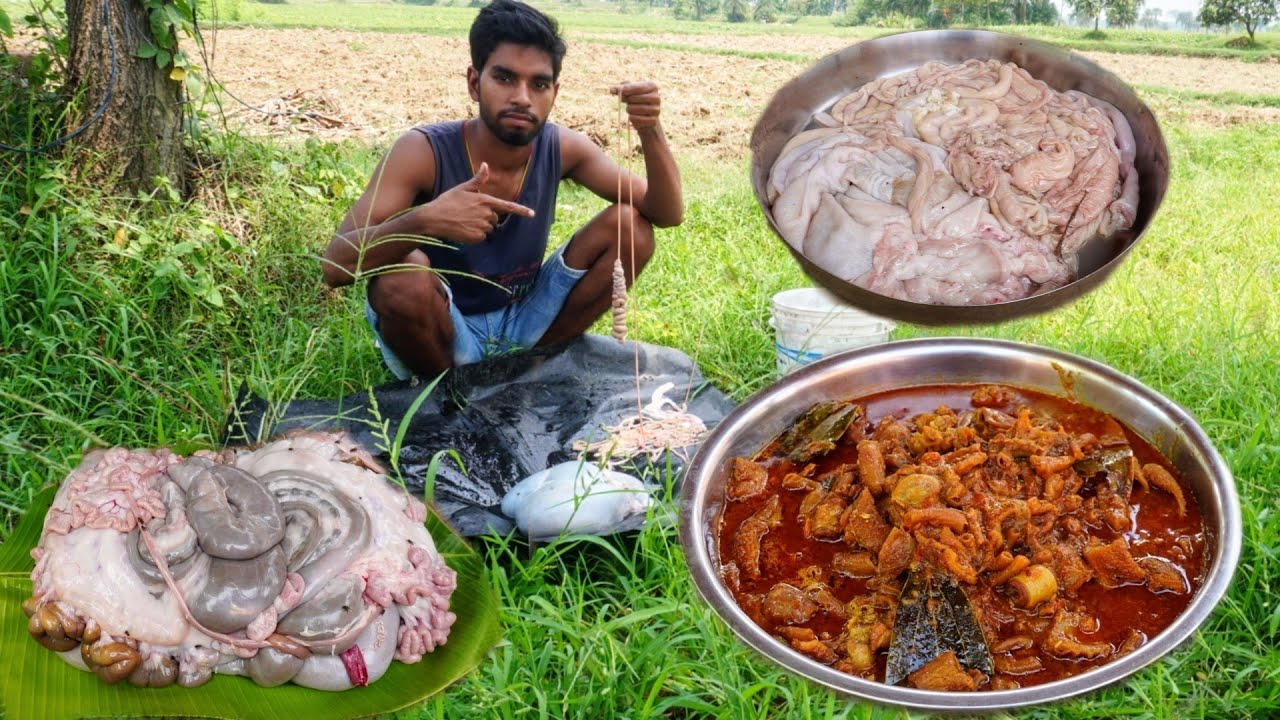 Goat intestine masala | Cooking & Eating in village | Correct way to clean goat's intestines