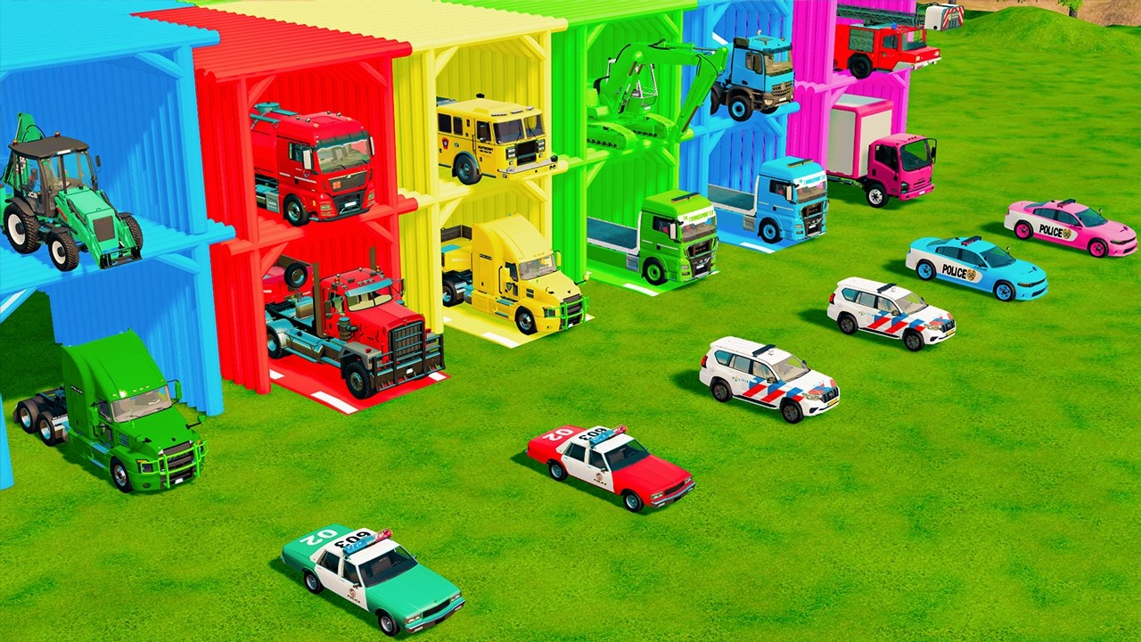 TRANSPORTING POLICE CARS, RESCUE VEHICLES, EXCAVATOR & BACKHOE TO GARAGE | FS22