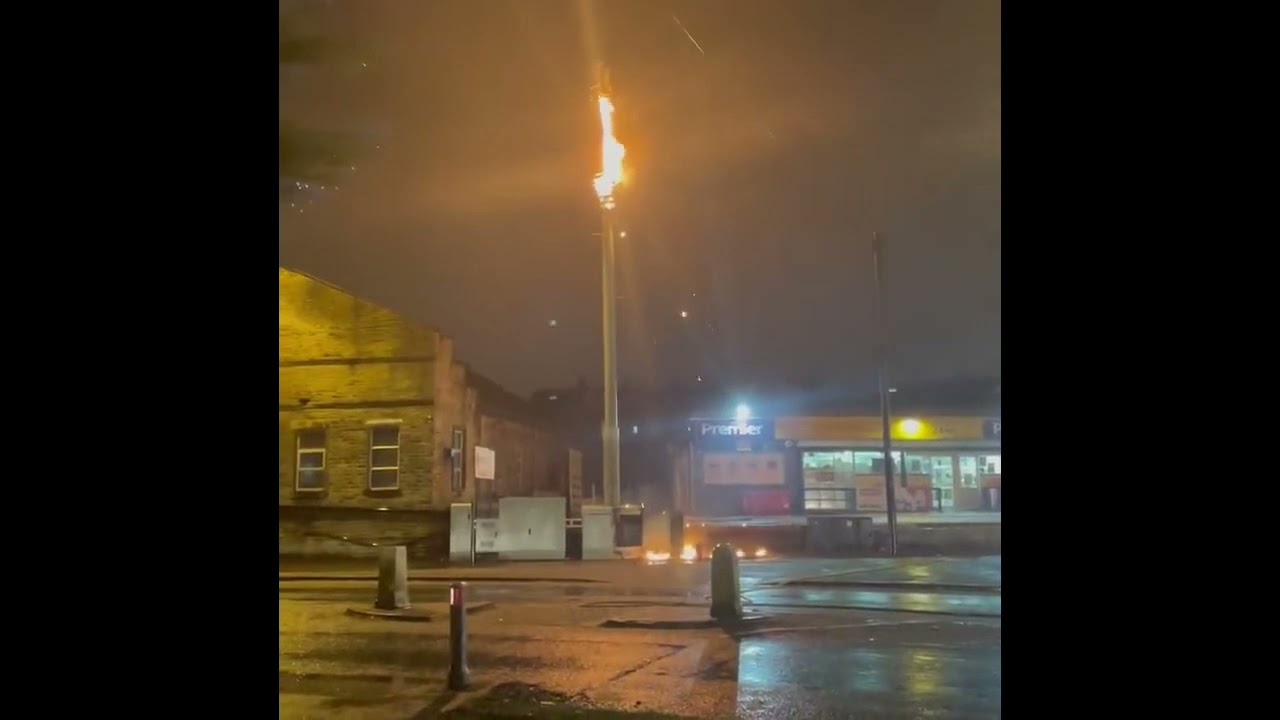 5G Mast fire: Emergency crews arrive on scene to find sparks flying.