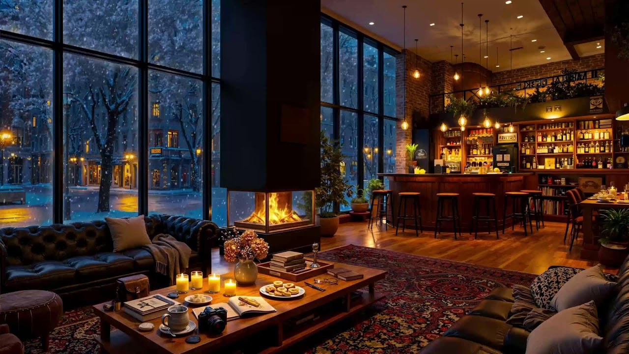 Cozy Fireplace Coffee Shop Ambience with Piano Jazz 🔥 Smooth Jazz for Work Nights
