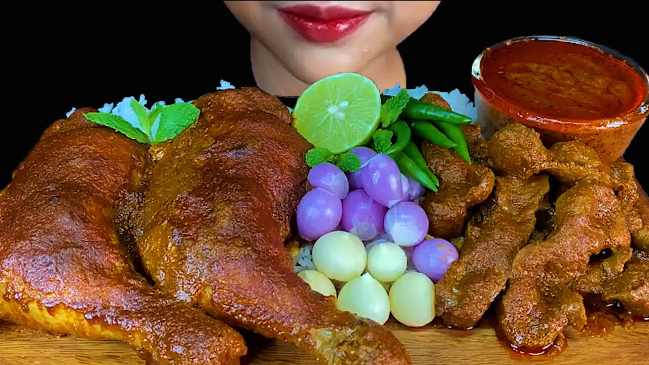 MUKBANG EATING||BUTTER CHICKEN, SPICY CHICKEN GIZZARD, GREEN CHILLI, ONIONS, GARLIC & WHITE RICE