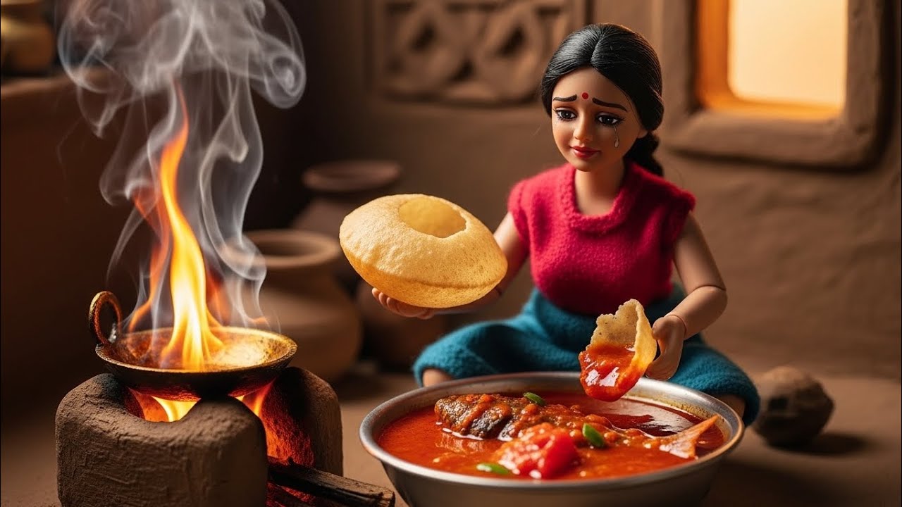 Miniature Doll Fish Tomato Curry & Roti Cooking ASMR | Indian Village kitchen