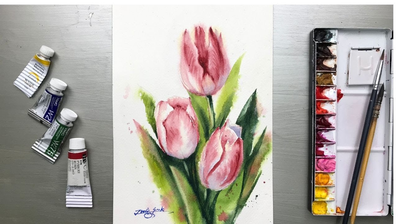 Watercolor Painting- Redish Tulips- Tutorial Step by Step.