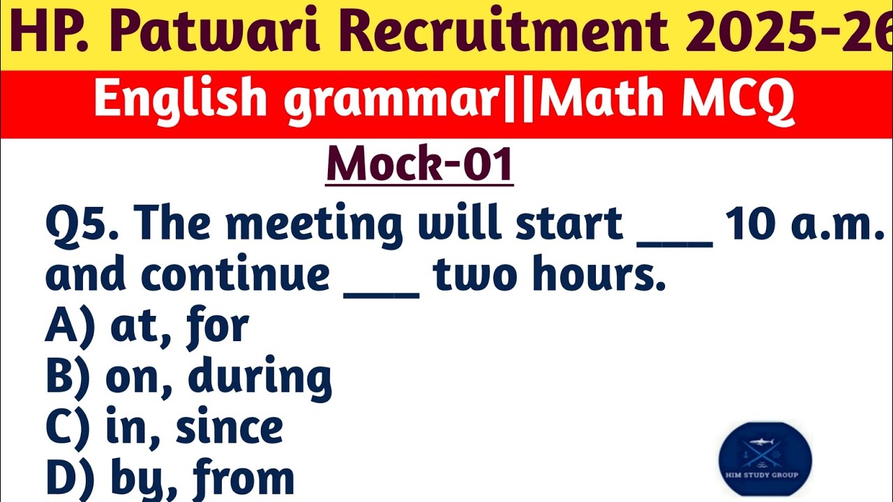 HP Patwari Bharti 2025 |Mock Test | English Grammar + Math MCQ | Most Important Questions