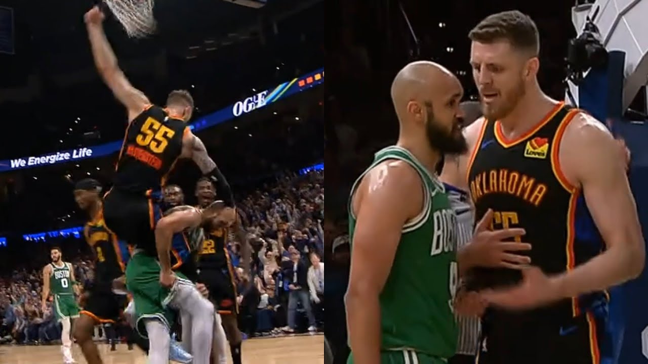 Isaiah Hartenstein has words for Derrick White grabbing his legs in air after dunk