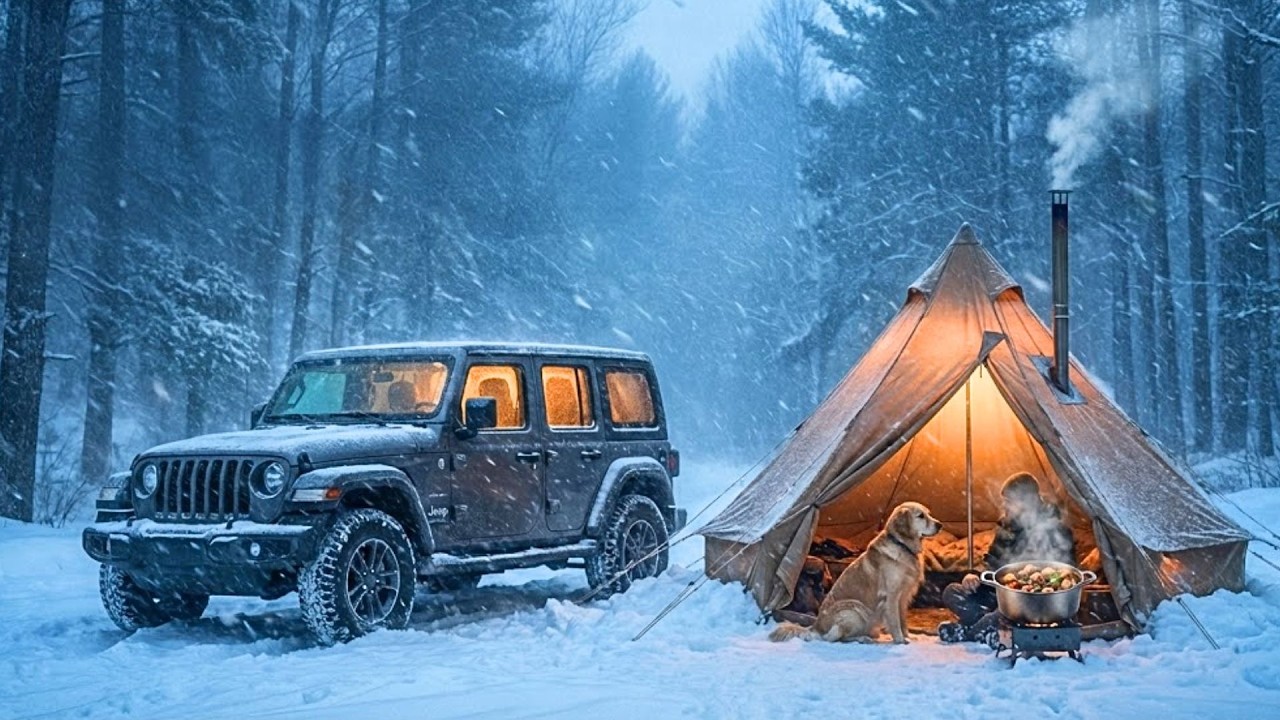 Solo Winter Camping in a HEAVY SNOWSTORM [ Hot Tent, Beef Stew, Howling Wind ]