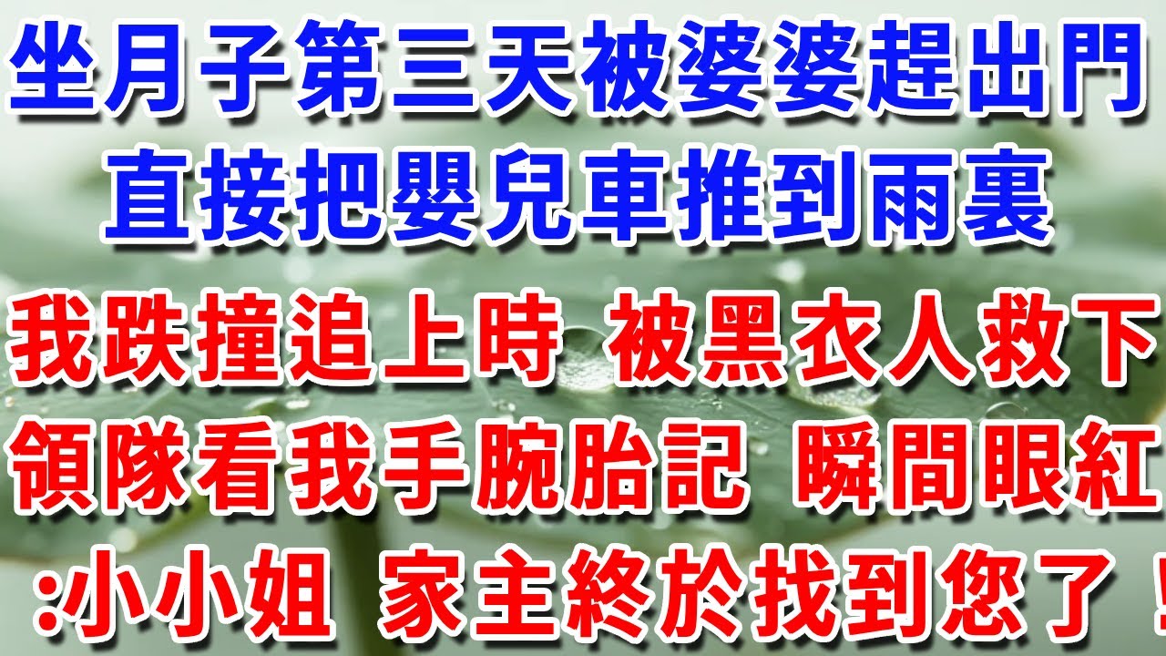 坐月子第三天被婆婆趕出門，直接把嬰兒車推到雨裏，我跌跌撞撞追上時 被黑衣人救下，領隊看到我手腕胎記 瞬間眼紅：小小姐 家主終於找到您了！#一帆說故事 #為人處世 #生活經驗 #情感 #故事 #彩礼