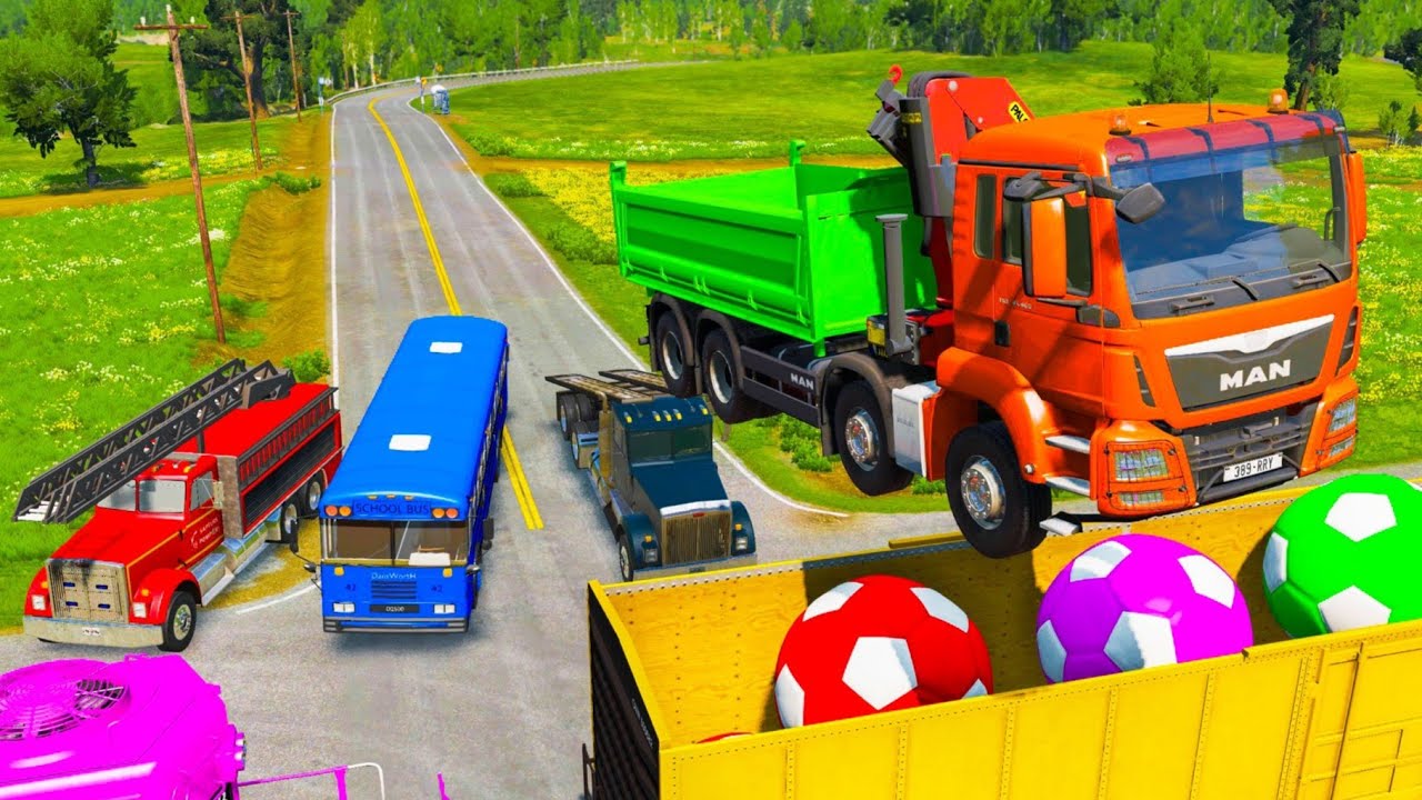 Double Flatbed Trailer Tractor rescue Bus - Cars Racing - Cars vs Trains & Rail - BeamNG Drive