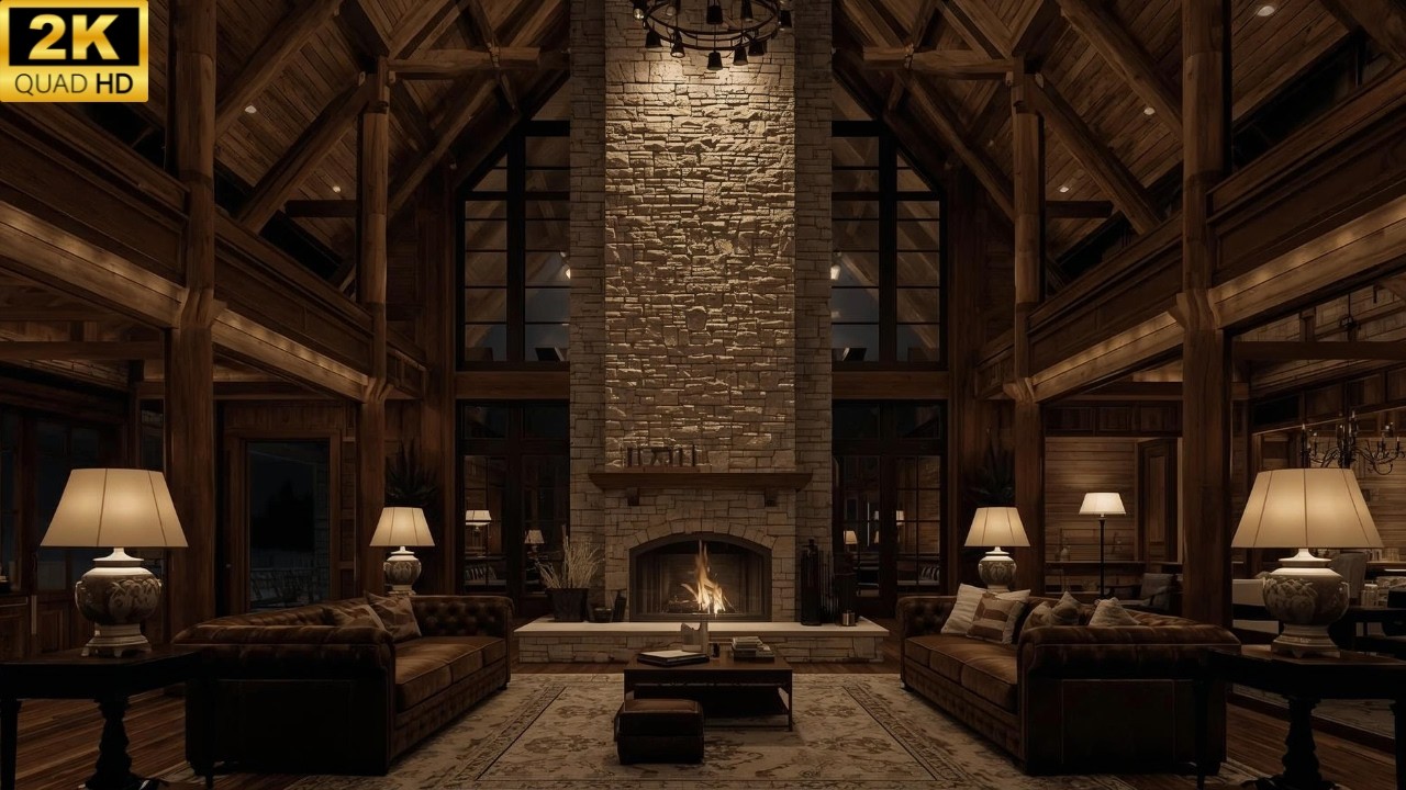 Grand Cabin Evening Ambience 🌙🔥 Cozy Fireplace Lodge for Relaxation & Sleep