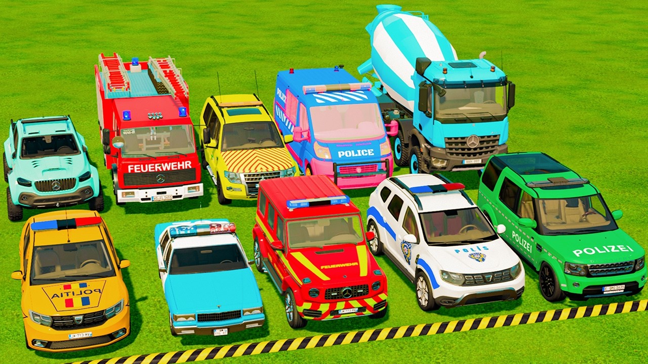 POLICE CARS, AMBULANCE & FIRE TRUCK TRANSPORT WITH COLORFUL CARS | FS22
