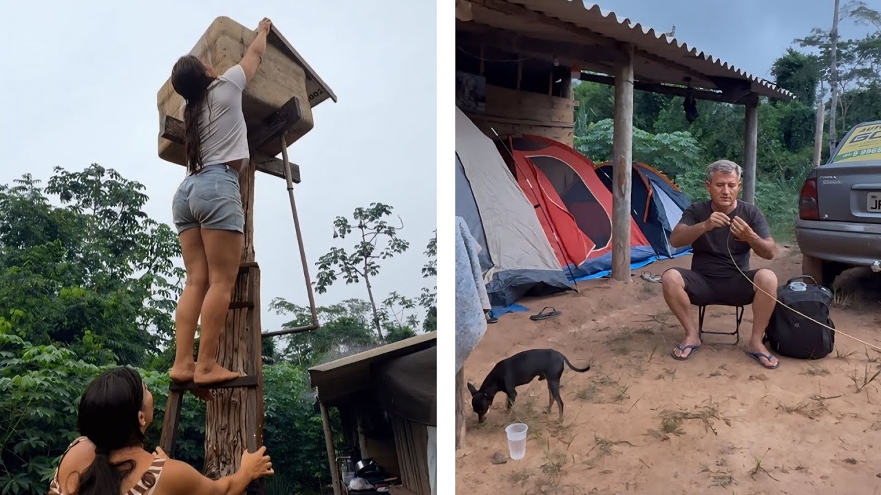 Dia de muita AVENTURA e PESCARIA no ACAMPAMENTO ⛺️ Fizemos galinha caipira e peixe frito.