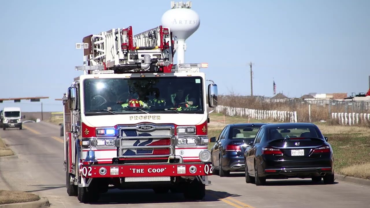 (Q Siren) Prosper Fire Rescue Quint 2 and Medic 2 responding to a MVA Pedestrian.