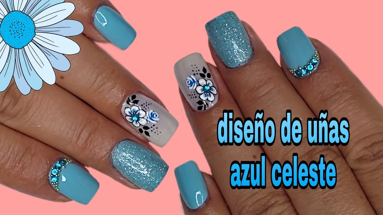 Diseños de uñas /Color azul celeste/con flores 🌸😍/sky blue nail design.