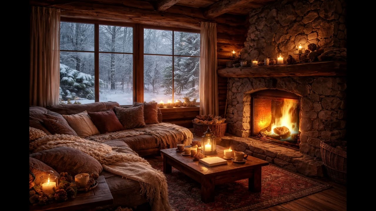 Cozy Winter Cabin ❄️ Fireplace & Wind Sounds | Relax, Sleep, Study | 8 HOURS