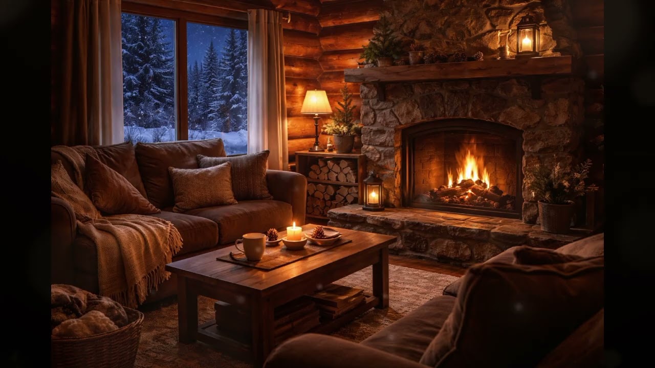 Snowy Cabin Fireplace Night ❄️ Cozy Fire Sounds for Deep Sleep & Relaxation (No Music)