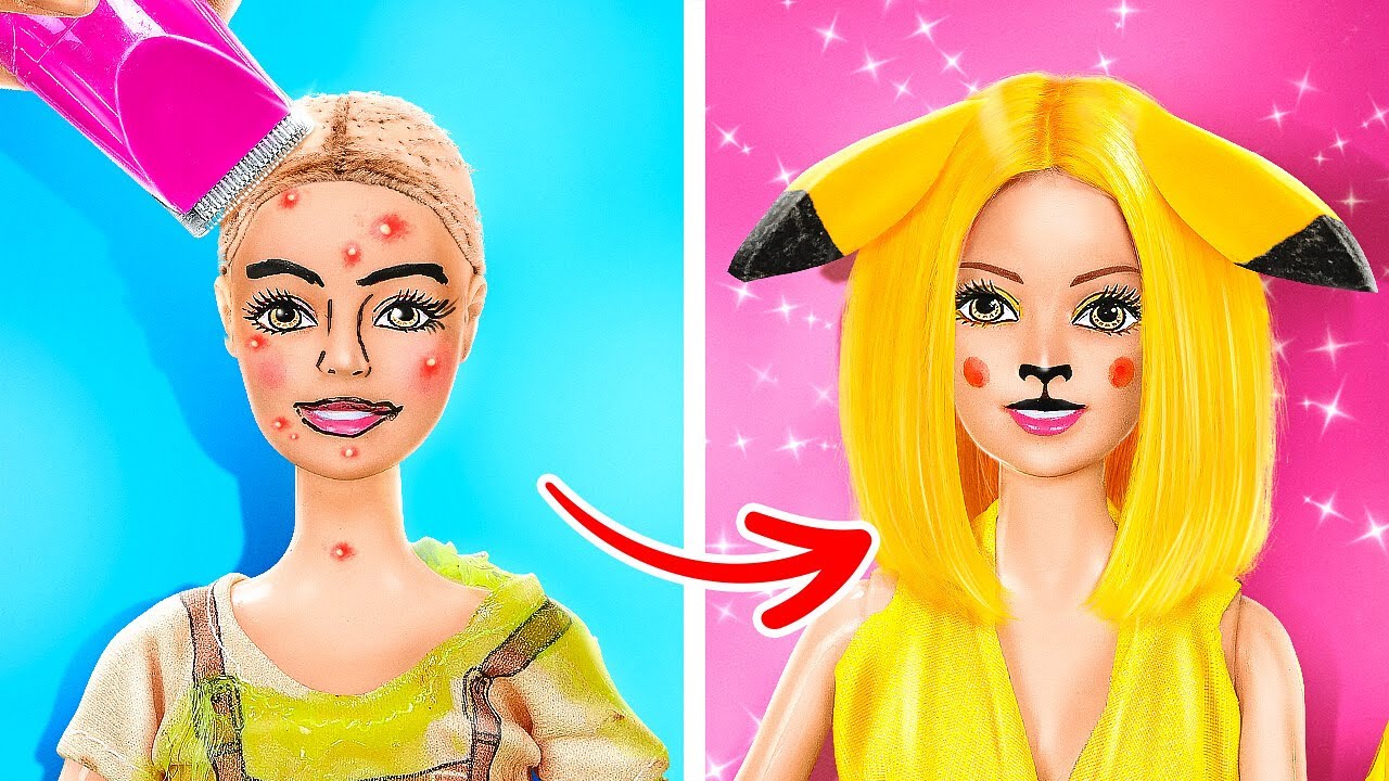 BARBIE SE TRANSFORMĂ ÎN PIKACHU || Schimbare radicală de look a păpușilor, marca 123 GO! FOOD