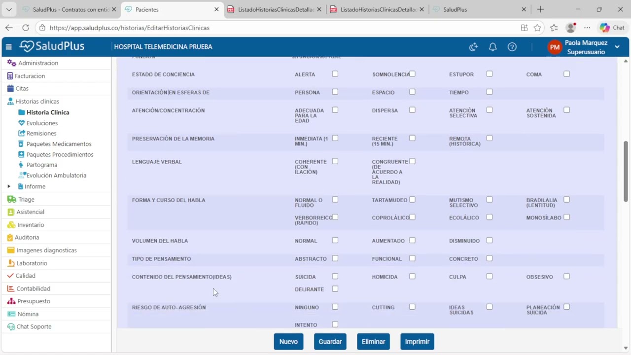 Creación de Historias de Psicología en SaludPlus