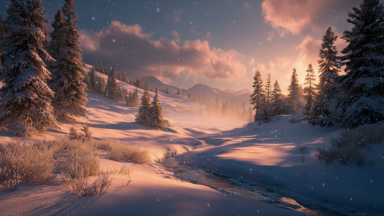 Soothing Winter Orchestral Music ❄️ Peaceful Valley at Sunset | Falling Snow (No Ads)