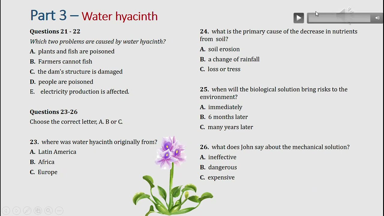 IELTS listening actual test Part 3: Water hyacinth (answer+ transcript)