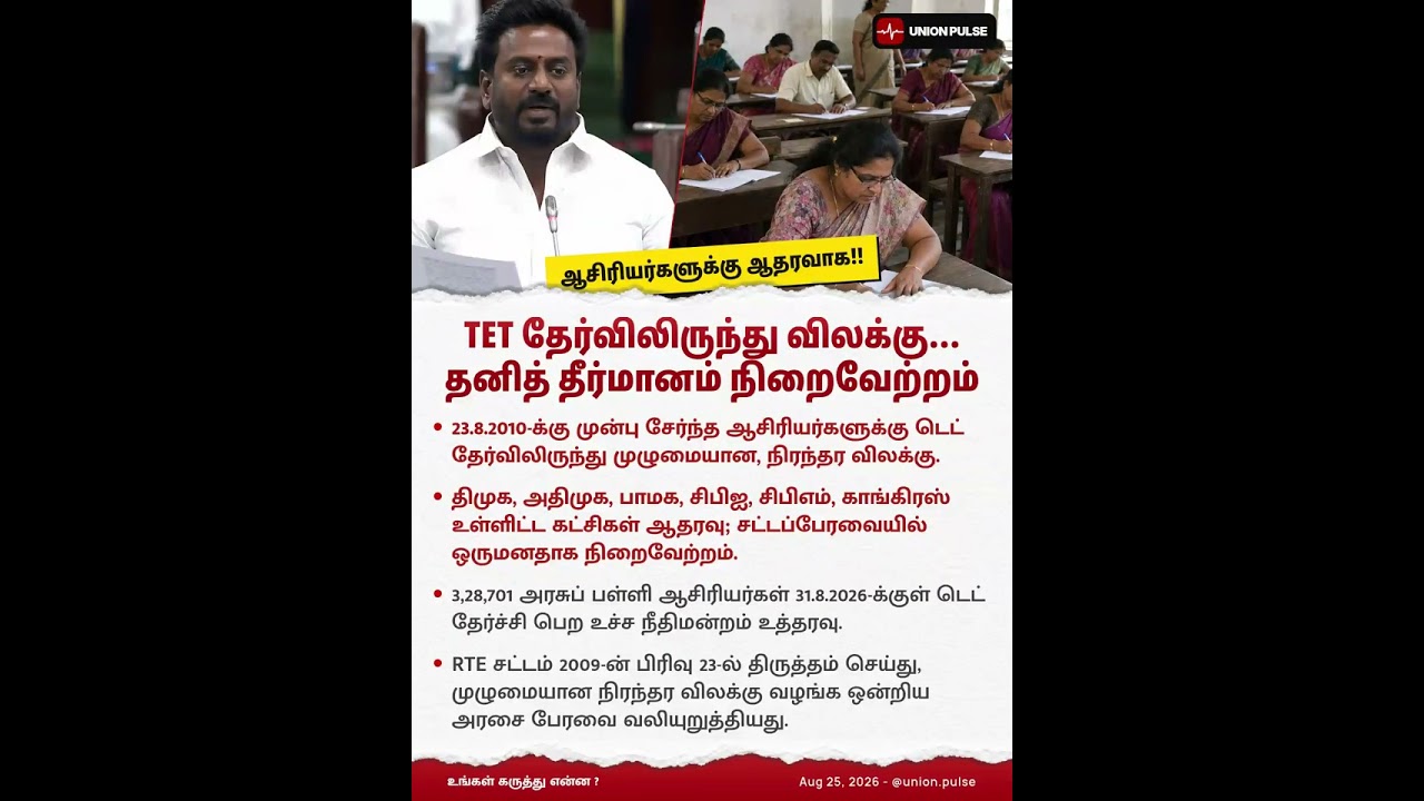 ஆசிரியர்களுக்கு ஆதரவாக!! TET தேர்விலிருந்து விலக்கு - தனித் தீர்மானம் நிறைவேற்றம்