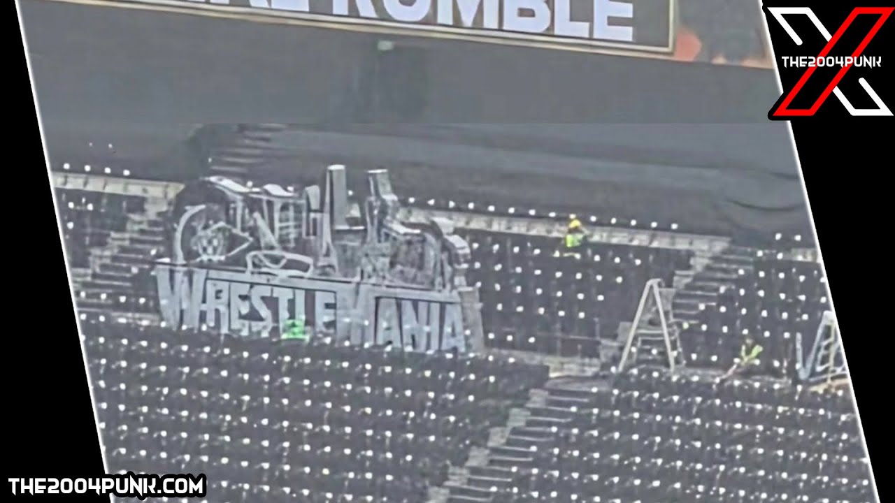 WWE Royal Rumble 2026 – WrestleMania 42 Sign Going Up at Riyadh Arena
