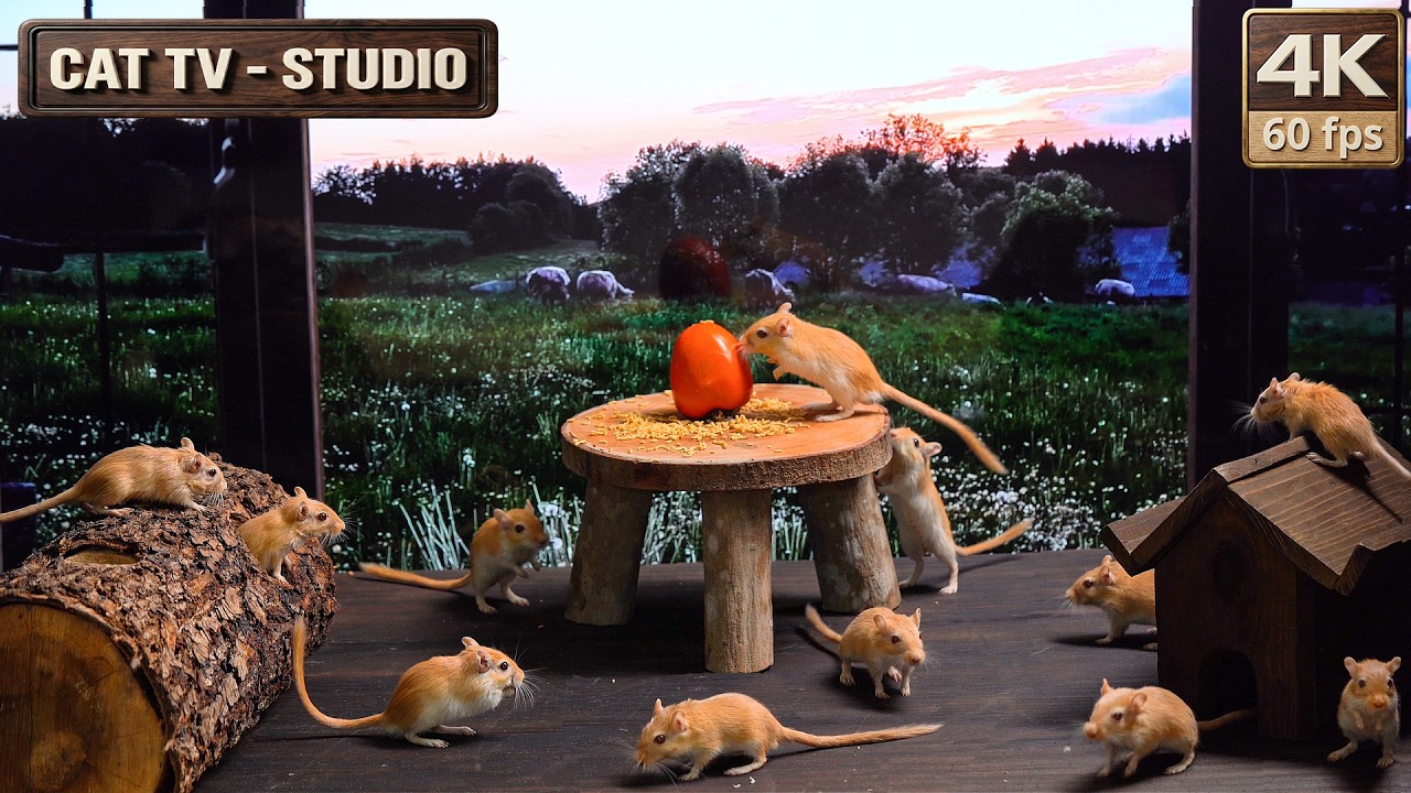 Cat TV Mouse : Real Mice Exploring & Running in the Countryside at Sunset | 8 Hours | 4K 60fps