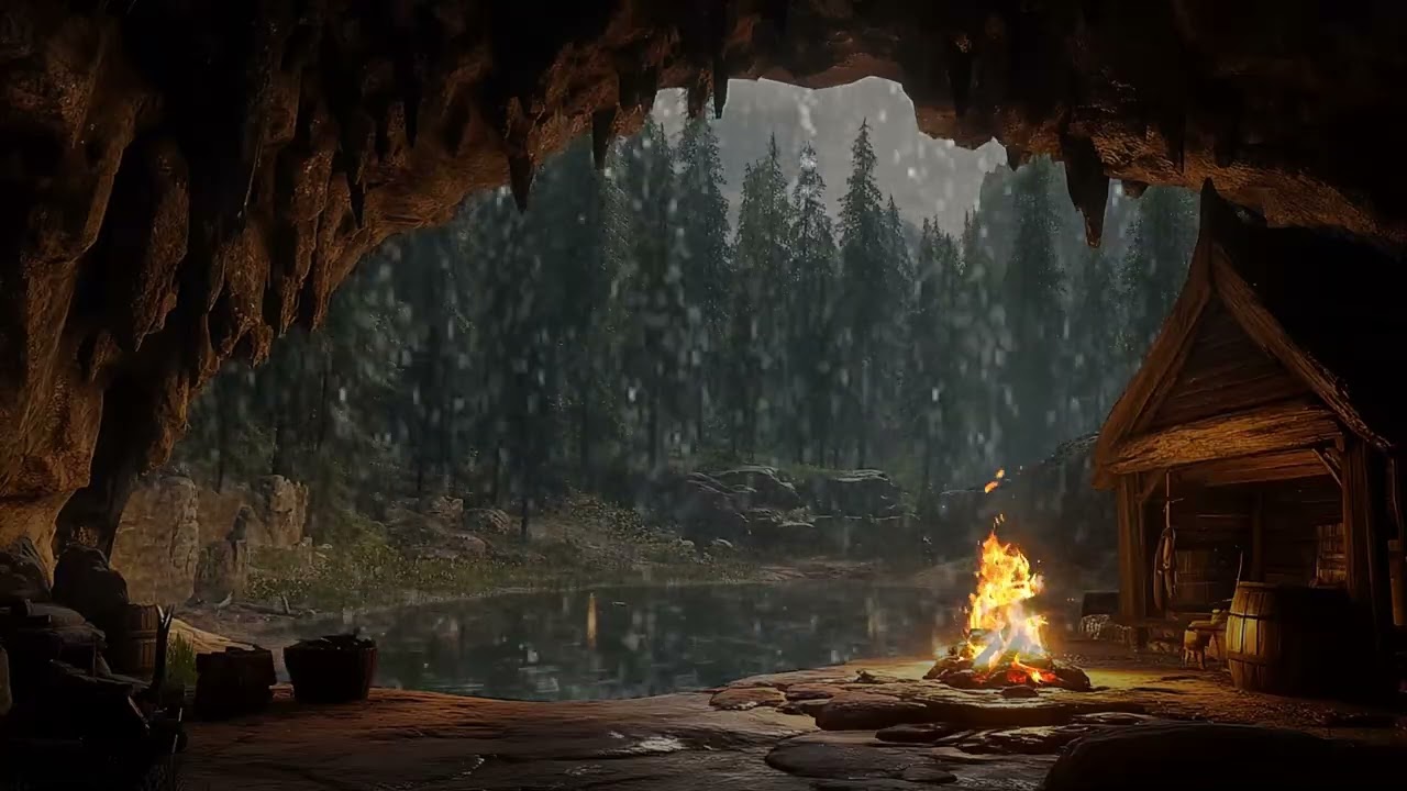 Heavy Rain and Crackling Fire in a Forest Cave | Cozy Cave Ambience for Deep Sleep & Relaxation