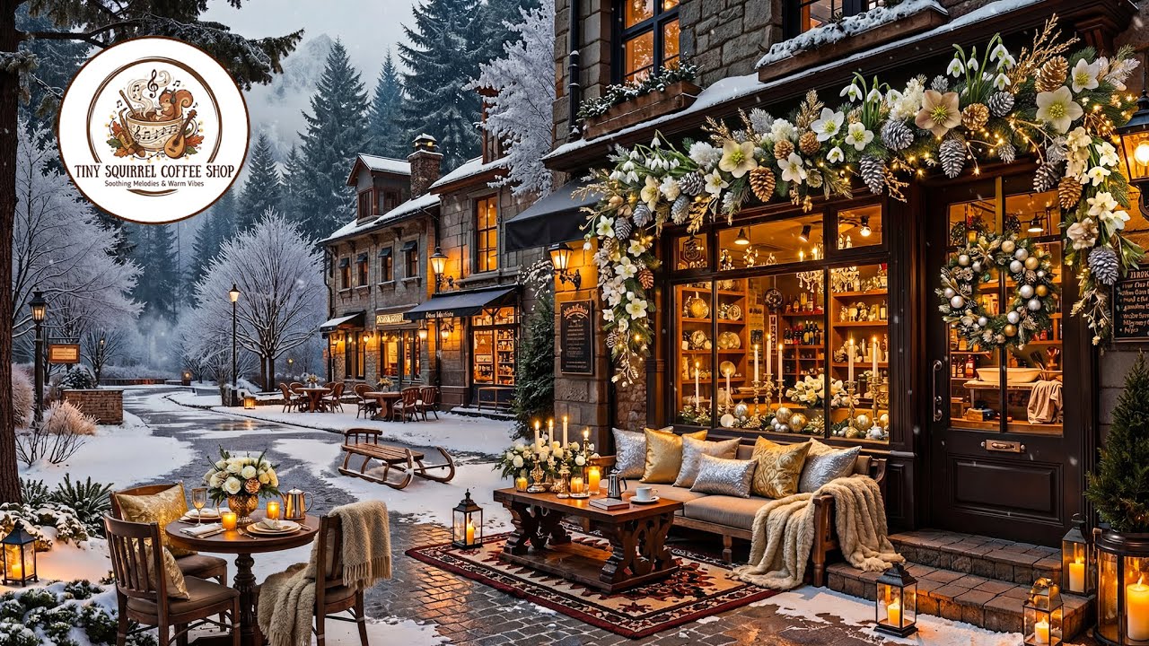 Spring Flowers Blooming as Snow Falls | Cozy Cafe View | Relaxing Music for Sleep, Study & Focus