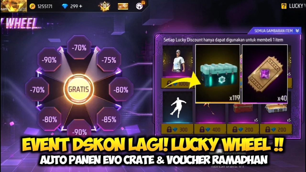 PANEN EVO GUN CRATE & VOUCHER RAMADHAN EVENT LUCKY WHEEL FF BUNLDE 8 BIT DUDE