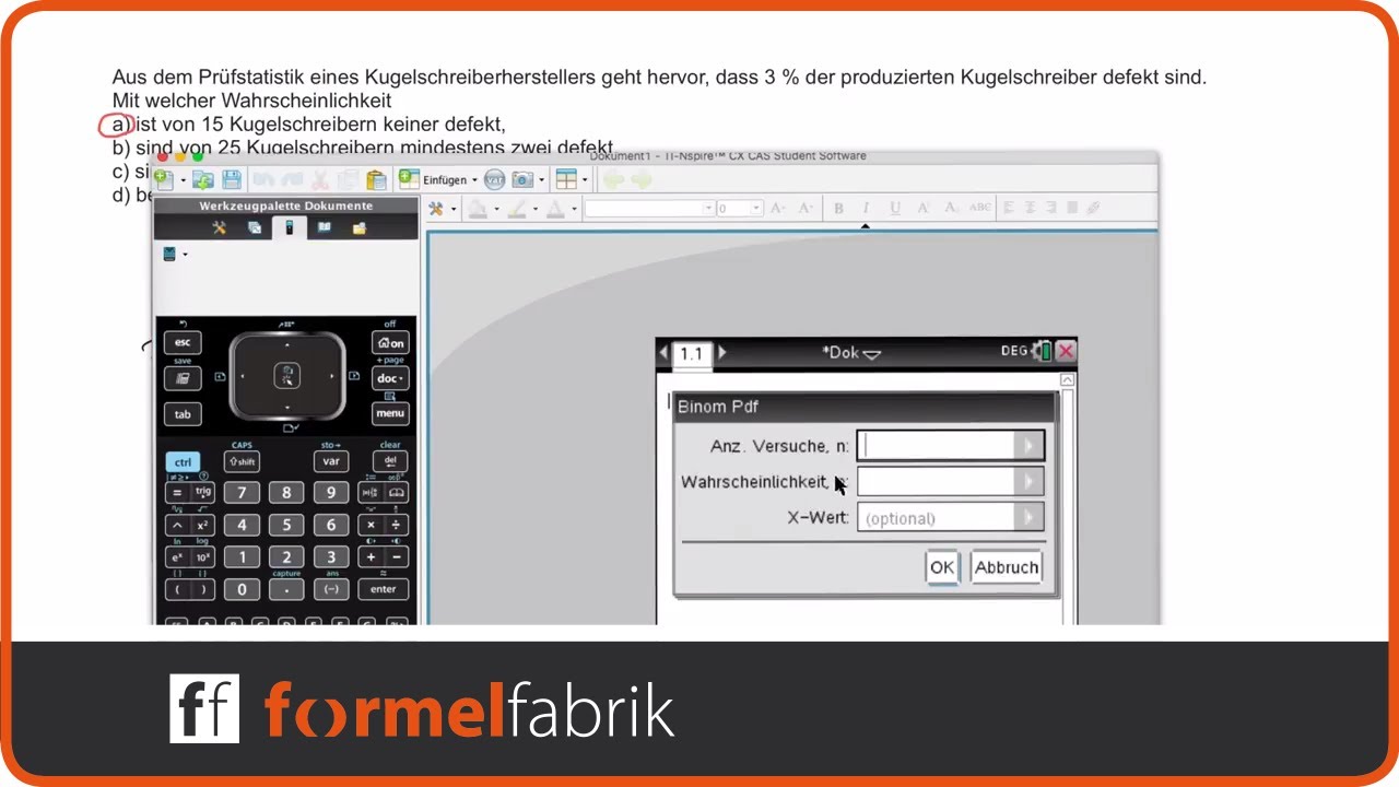 Wahrscheinlichkeitsrechnung: Bernoulli-Aufgabe (Kugelschreiber) mit TI-nspire