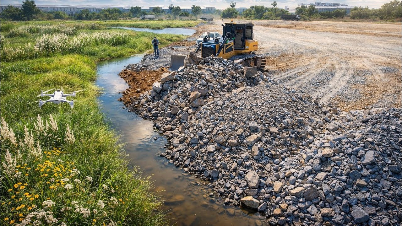 Nicely Dozer SHANTUI DH17 c3 Landfill with stones by 25.5ton dump trucks loading stones 