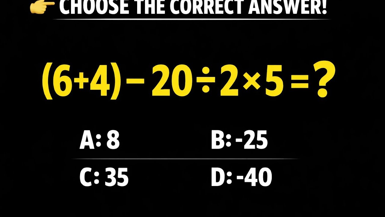 Only 10% Get This Right! Solve (6+4) – 20 ÷ 2 × 5 Before It’s Too Late! 😳