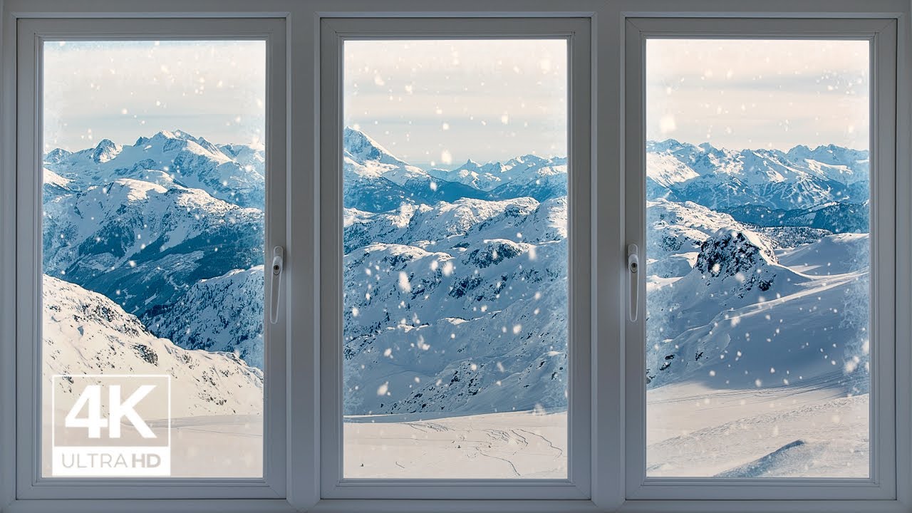 4K snowy mountains window view - Relaxing, Calming, Ambience (ASMR)