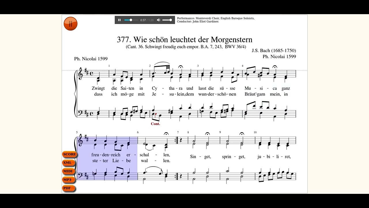 377. Wie sch&ouml;n leuchtet der Morgenstern (Zwingt die Saiten in Cythara). Chorale J.S. Bach. BWV 36.4.