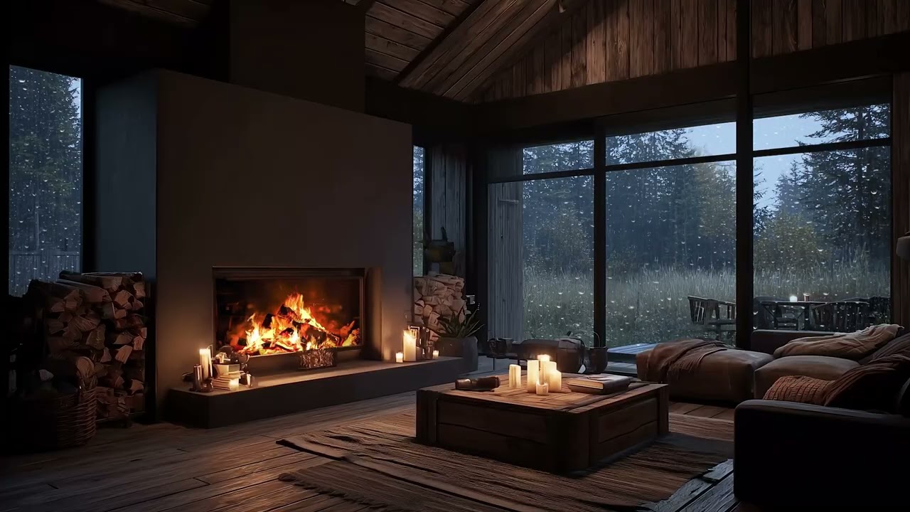Cabin rain sounds mixed with fireplace ambience calming sleep atmosphere