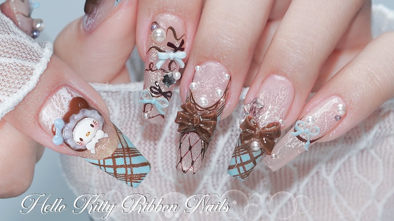 Nail ASMR | Hello Kitty's Choco Ribbon Nails🐰🩵🎀Must-Try Cute Nails Collection | Self Nails