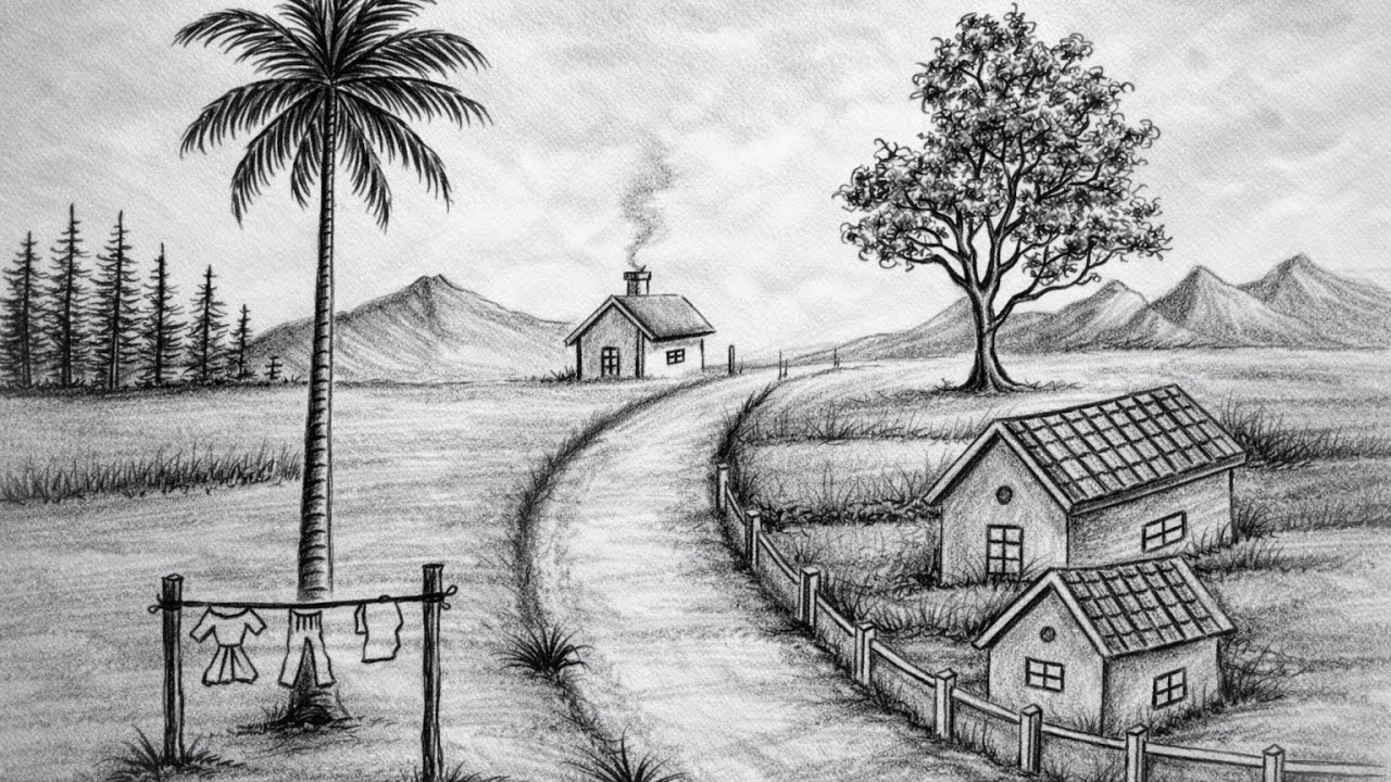 Beautiful Village Landscape Drawing | Easy Pencil Sketch Scenery for Beginners Step by Step