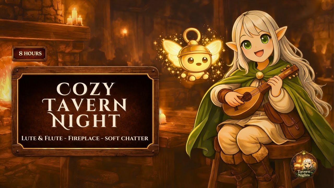 Cozy Medieval Tavern Night 🕯 Fire & Lute Ambience | Fantasy Background Sounds (8 Hours)