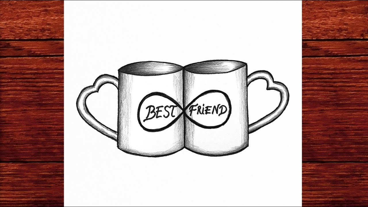 How to Draw Best Friend Cups | Easy Heart Handle Mug Pencil Sketch Step by Step