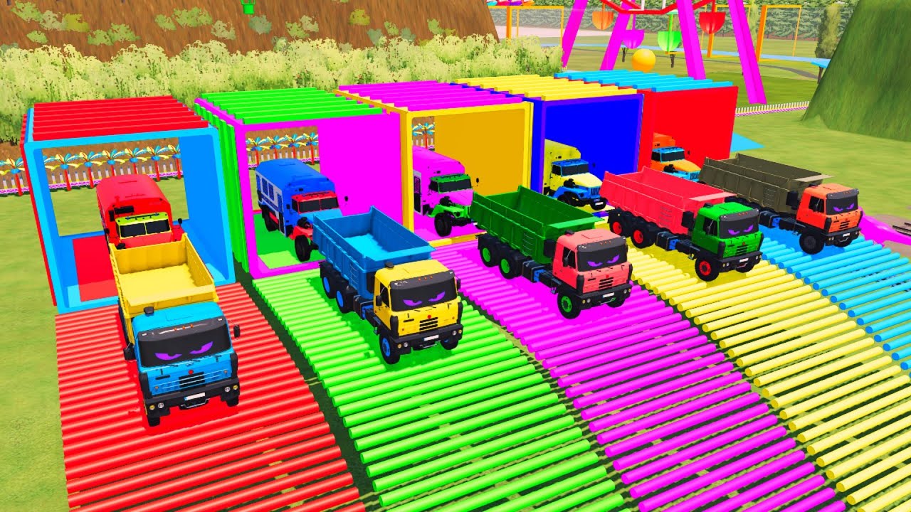 Garage with Colors - ALL MONSTER TRUCK EYE WITH DOUBLE FLATBED TRAILER TRUCK, VOLVO, INTERNATIONAL