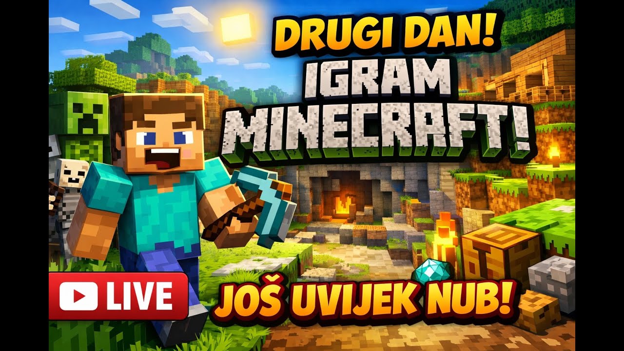 DRUGI DAN u Minecraftu… a ja JOŠ UVIJEK NOOB 😭 (LIVE)